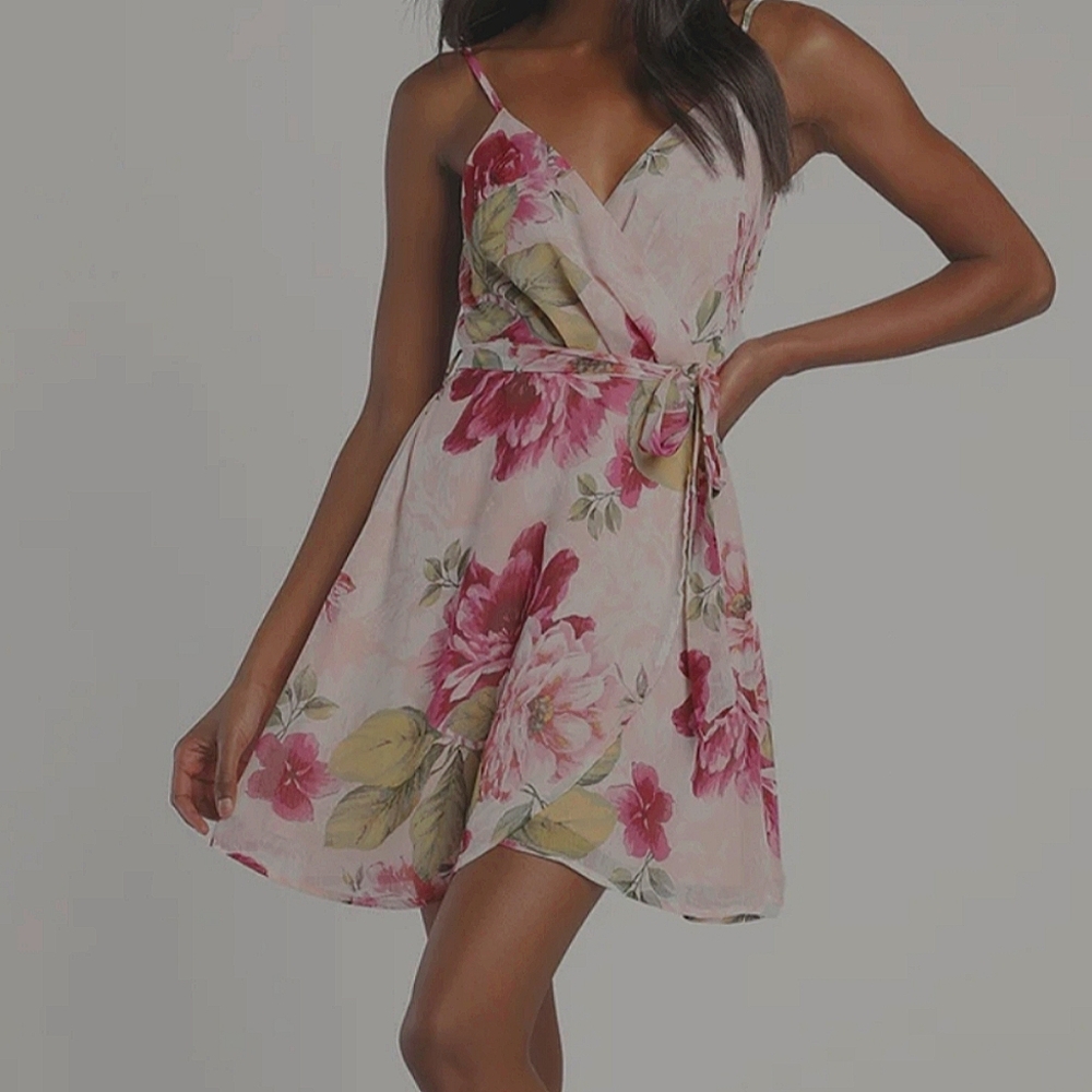 Lulu's Pink Floral Wrap Dress with Green Leaves